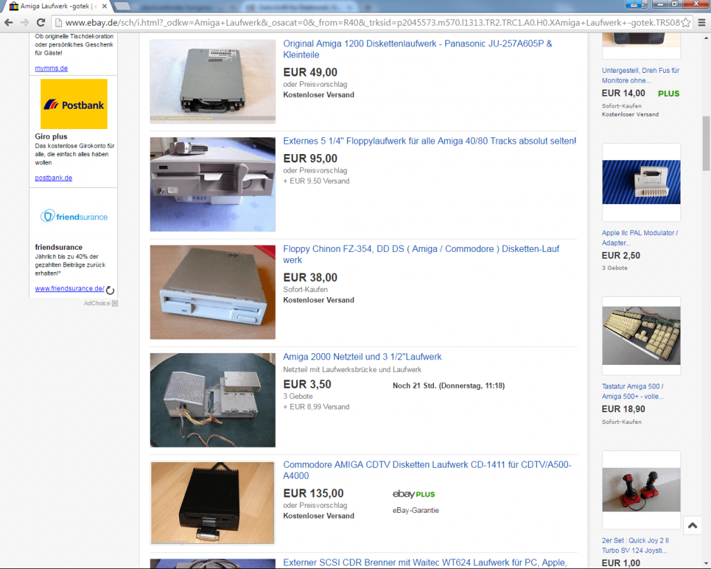Screenshot auf eBay: Ein Querschnitt über die Preise eines Ersatz-Laufwerks für den Amiga. Deswegen muss es auch noch lange nicht in ein A500-Gehäuse passen.