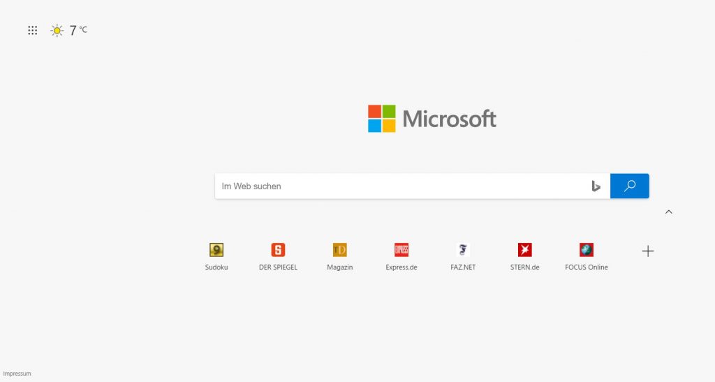 Edge-Startbildschirm mit Bing als Suchmaschine (Screenshot)