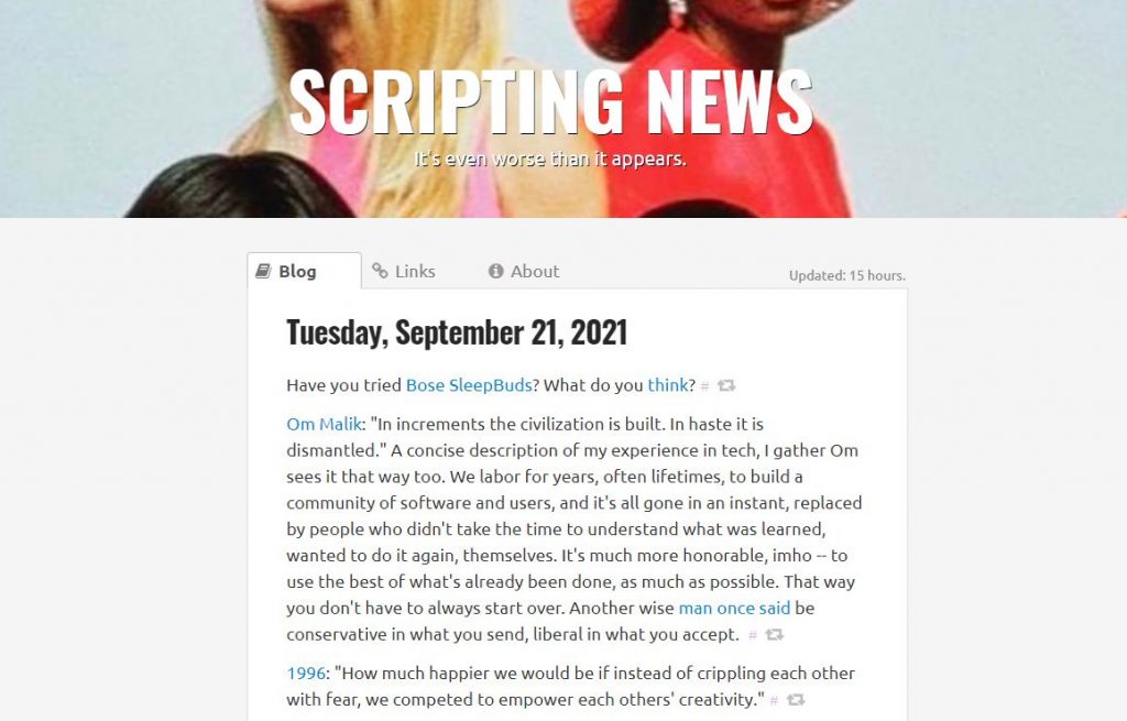 Scripting News von David Winer - eines der ältesten noch existierenden Weblogs seit 1999