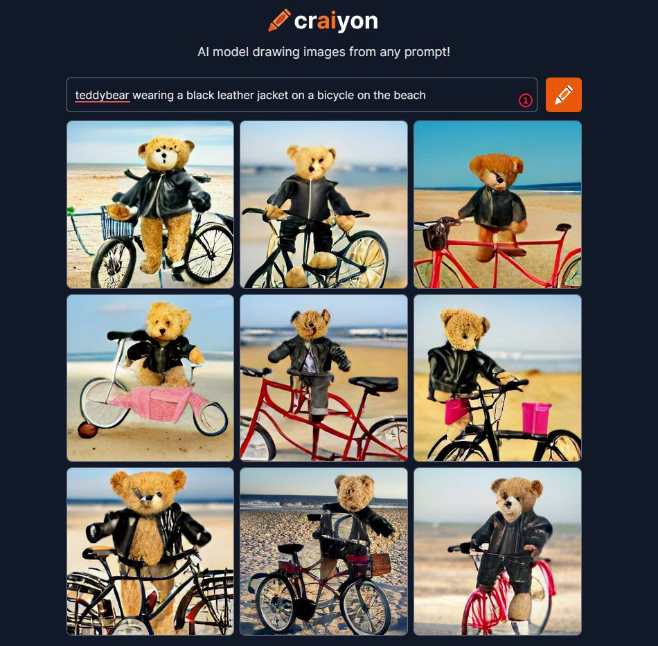 Craiyon malt "teddybear wearing a black leather jacket on a bicycle on the beach" (Screenshot)