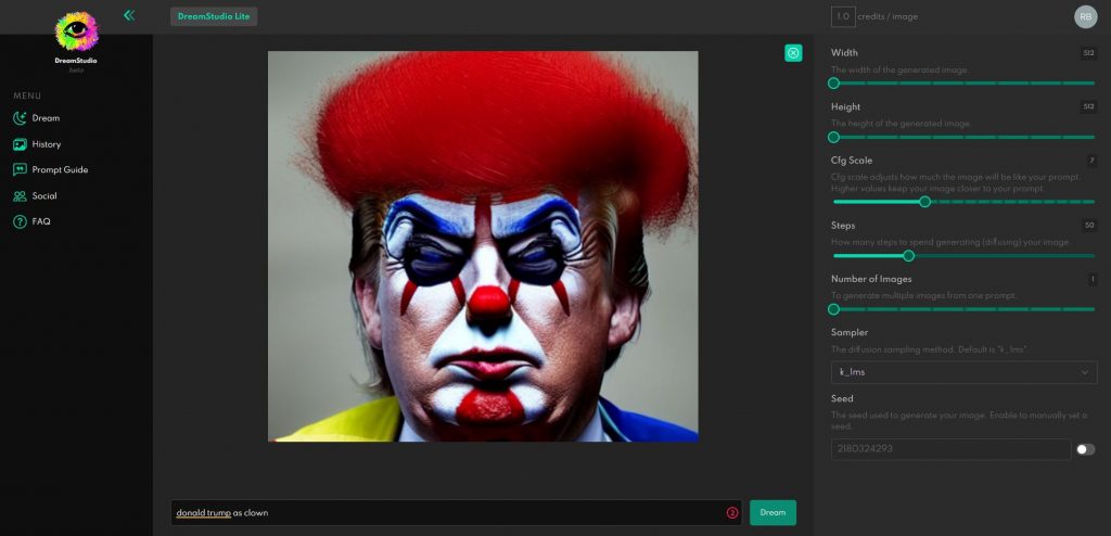 Text-to-Image-Diffusion: Donald Trump als Clown (Screenshot: DreamStudio Lite)