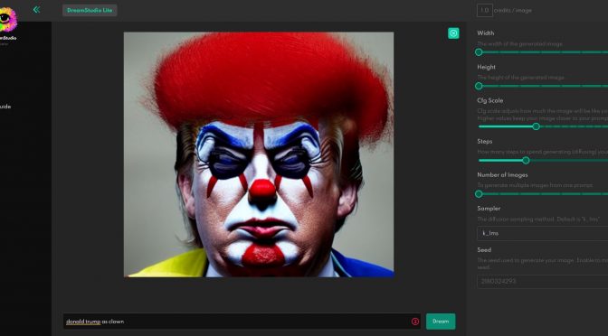 Text-to-Image-Diffusion: Donald Trump als Clown (Screenshot: DreamStudio Lite)