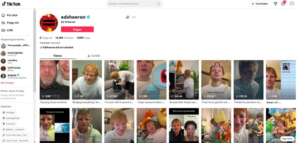 Ed Sheeran, einer der beliebtesten Primis auf TikTok (Screenshot)