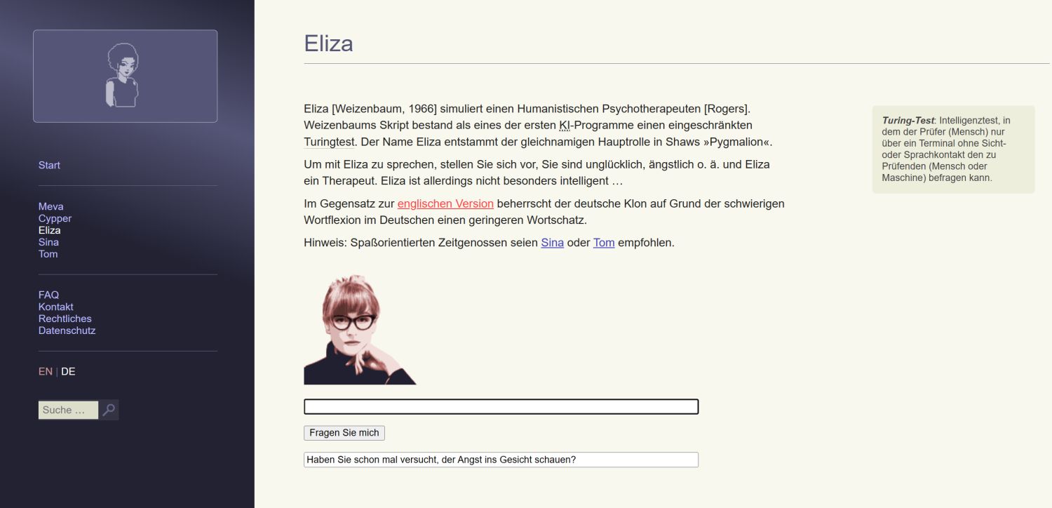 Und so sieht ELIZA heute auf ihrer Website aus (Screenshot)