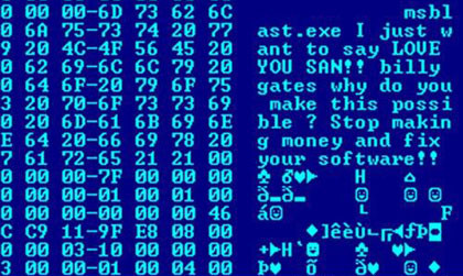 Hexdump des Blaster-Wurms, zeigt eine Nachricht des Wurm-Programmierers an den damaligen Microsoft-CEO Bill Gates (Public domain via Wikimedia)