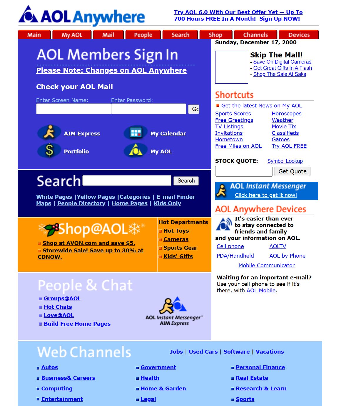 So sah AOL im Jahr 2000 aus (SWcreenshot: Wayback Machine)