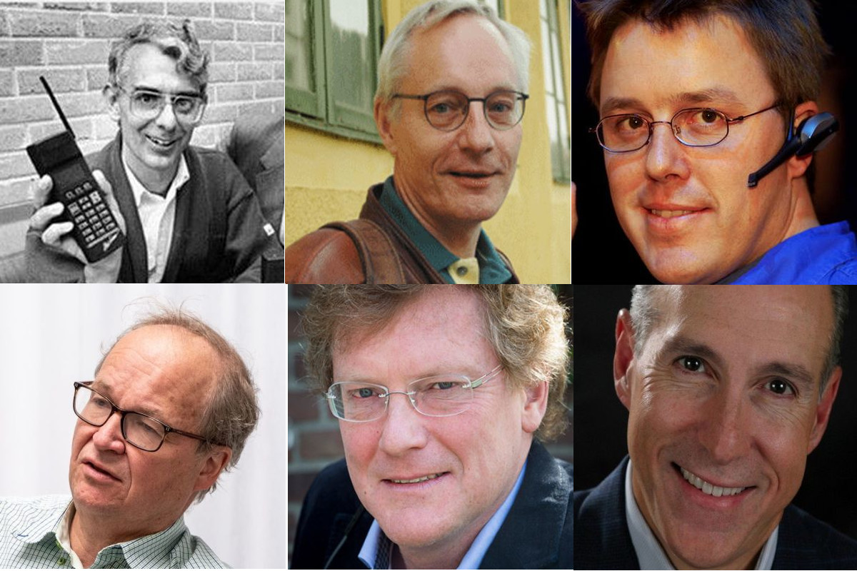 Die Bluetooth-Väter (von oben links nach unten rechts): Nils Rydbeck, Sven Mattison, Jim Kardach, Torrd Wingren, Jaap Haartsen, Adalio Sanchez (Collage aus verschiedenen Quellen)
