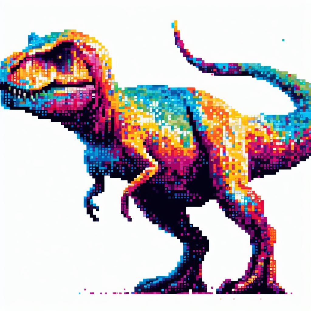 Erstelle ein Bild von einem Tyrannosaurus Rex zusammengesetzt aus bunten quadratischen Pixeln (erstellt mit DALL-E per Bing)