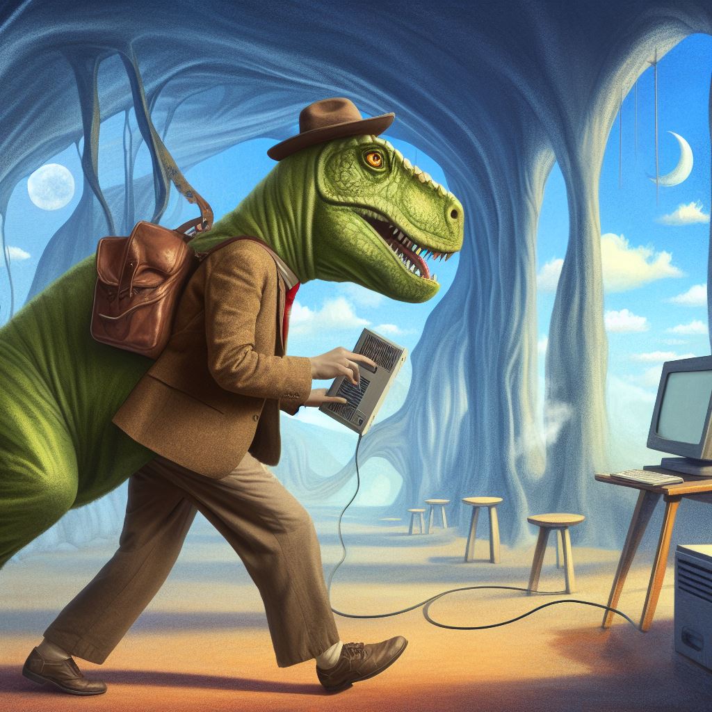 Erstelle ein Bild im Stil von Salvador Dali, auf dem ein Mensch im Dinosaurierkostüm durch das Innere eines Computers wandert (Erstellt mit DALL-E per Bing)
