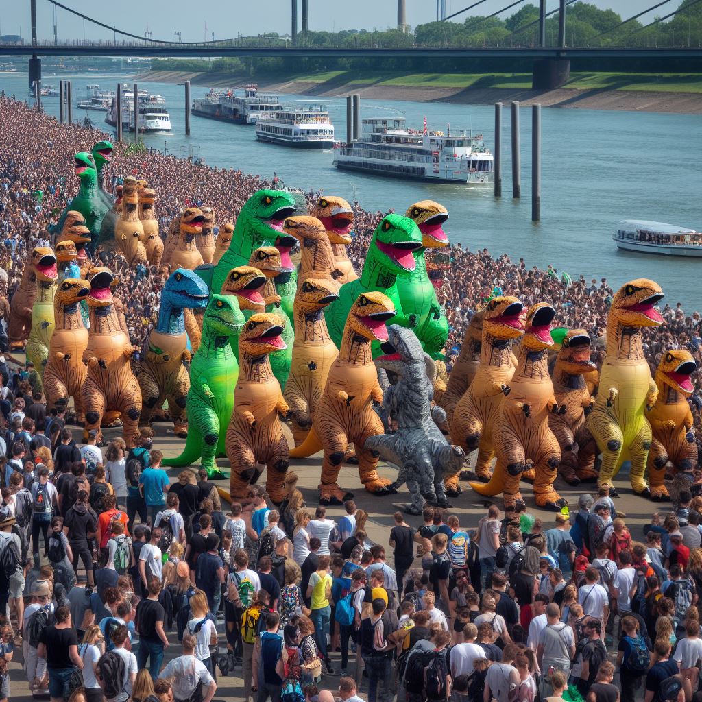 Erstelle ein Bild von hunderten Menschen in Dinosaurierkostümen, die am Rheinufer bei Düsseldorf stehen (erstellt mit DALL-E per Bing)