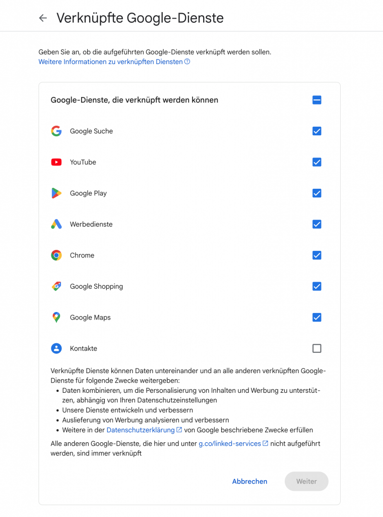 Auswahl der zu verknüpfenden Google-Dienste