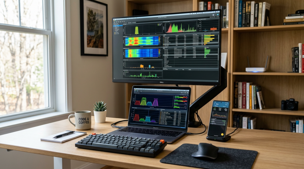 Desk with laptop and external monitor displaying colorful network data graphs, smartphone on wireless charger, keyboard, mouse, coffee mug, notebook, and plant.